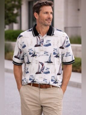 NWT American Summer Sport Polo Shirt Men Allover Sail Boats Palm Trees Print XXL